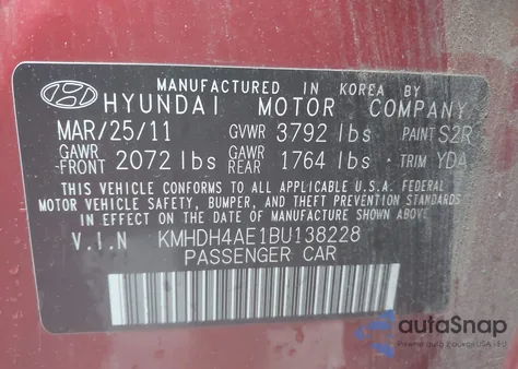 2011 Hyundai Elantra Gls (Ulsan Plant) из США, поврежденный, VIN KMHDH4AE1BU138228